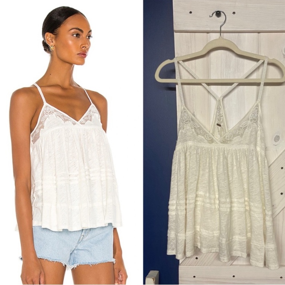 Free People Sweet Pea Lace Trim Delicate Linen Blend Ivory Top Size Large